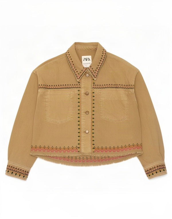 Zara Womens Oversized Bomber Jacket UK 10 Small Beige Geometric Cotton