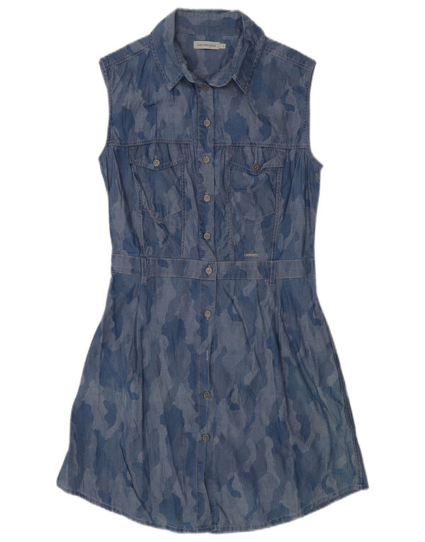 Rochie cămașă fără mâneci Calvin Klein pentru femei UK 10 Camuflaj albastru mic