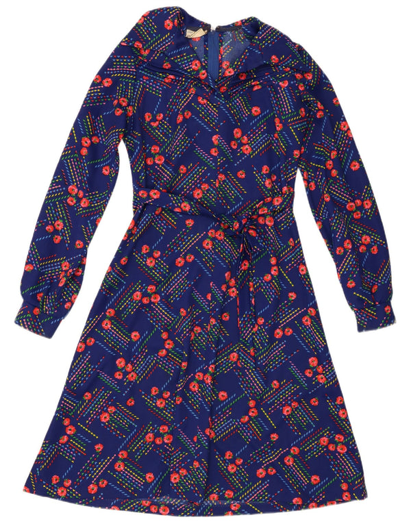Rochie A-Line cu mânecă lungă de epocă pentru femei UK 14 Medium Blue Floral