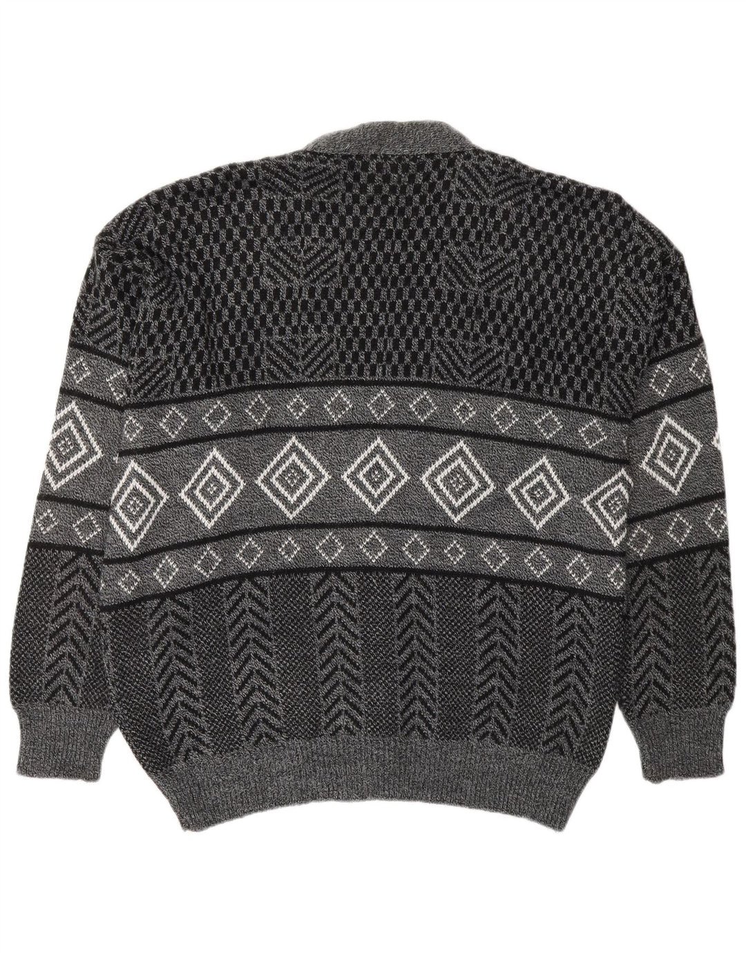 VINTAGE Mens Cardigan Sweater Large Grey Geometric Acrylic