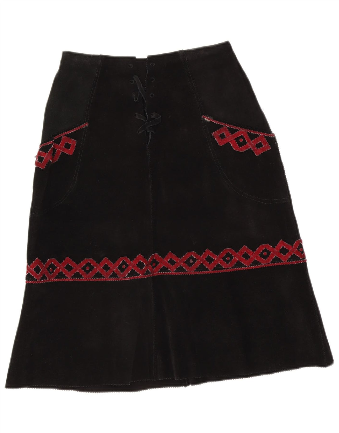 Fusta midi de piele de căprioară vintage pentru femei W28 Medium Black Geometric