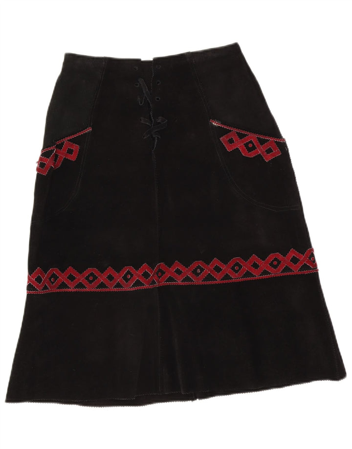 Fusta midi de piele de căprioară vintage pentru femei W28 Medium Black Geometric
