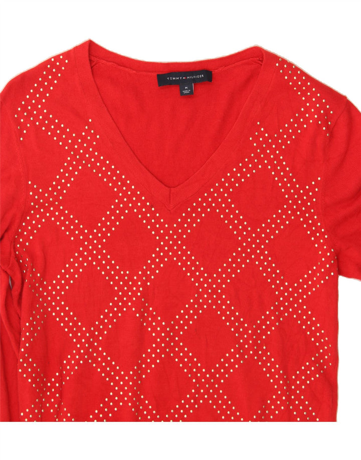 TOMMY HILFIGER Womens V-Neck Jumper Sweater UK 14 Medium Red Vintage Tommy Hilfiger and Second-Hand Tommy Hilfiger from Messina Hembry 