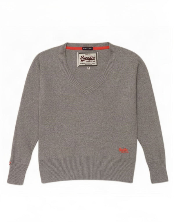 Superdry Womens Oversized V-Neck Jumper Sweater UK 10 Small Grey Cotton