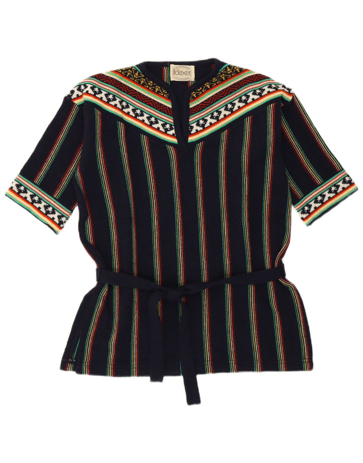 Pulover vintage pentru femei cu decolteu în V UK 12 Medium bleumarin cu dungi Retro