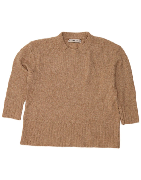 Pulover pentru femeie Zara cu mâneci 3/4 supradimensionate cu gâtul turnat UK 10 Mic Bej
