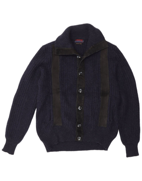 Pulover Cardigan Vintage pentru bărbați IT 48 Medium Bleumarin Colorblock Păr de cămilă