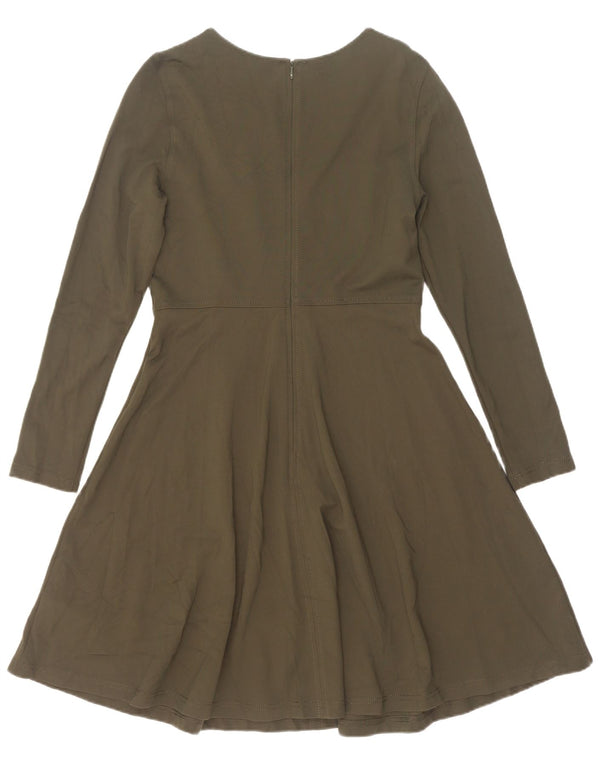 Marks & Spencer Womens Long Sleeve A-Line Dress UK 12 Medium Khaki Viscose