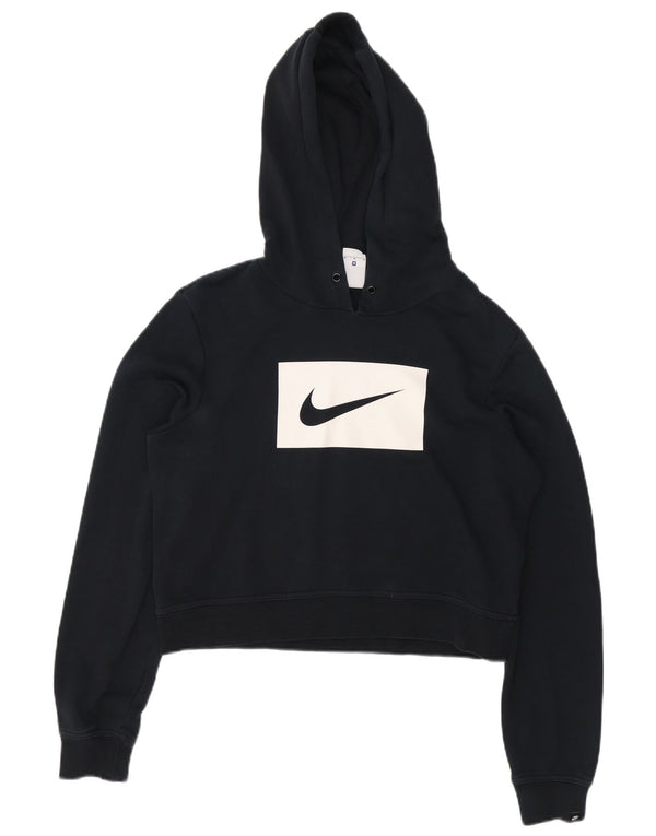 Nike Womens Crop Graphic Hoodie Jumper UK 14 Medium Black Cotton