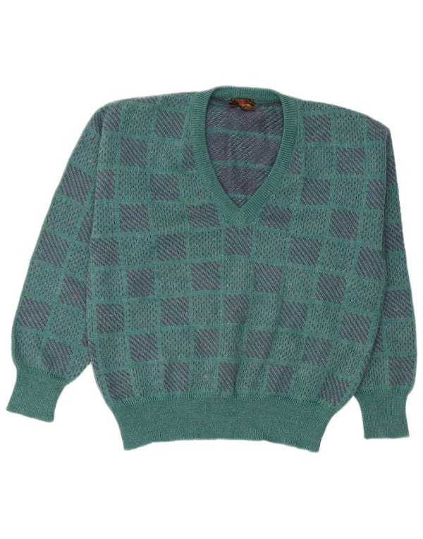 Peter Brown Mens V-Neck Jumper Sweater IT 50 Medium Green Geometric Wool