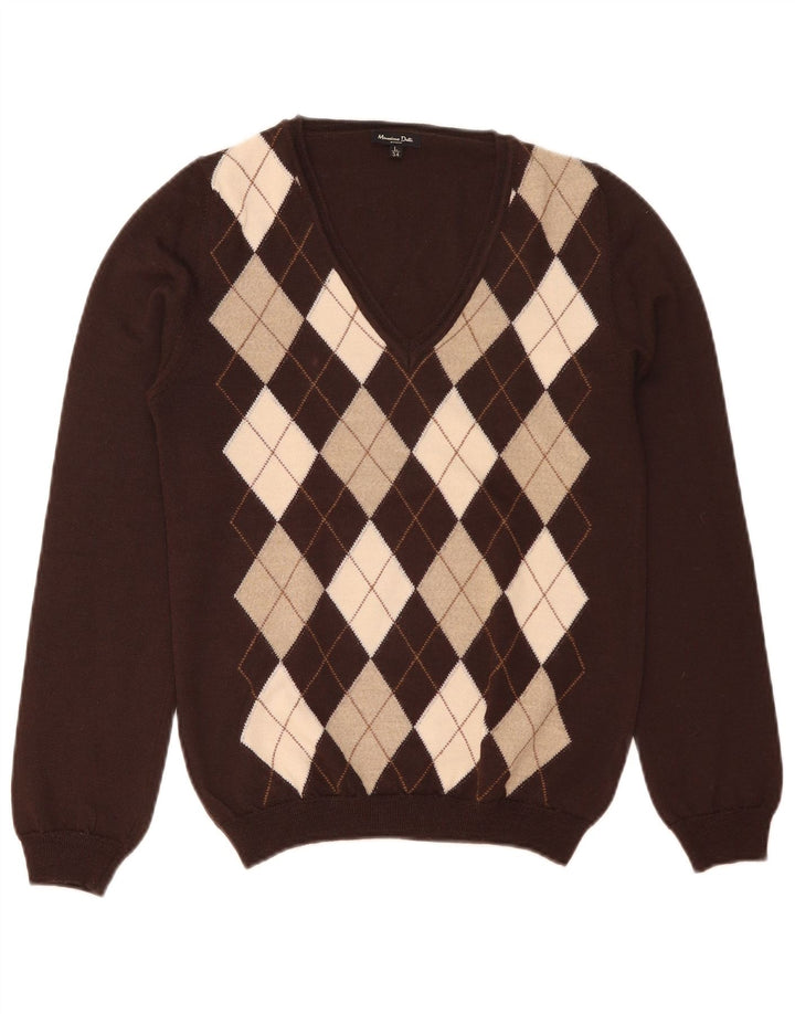 Pulover cu decolteu în V Massimo Dutti pentru femei UK 14 mare maro Argyle/Diamond