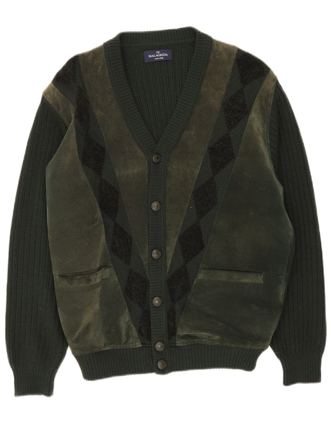 Pulover cardigan pentru bărbați Malagrida, verde mediu, lână Argyle/Diamond