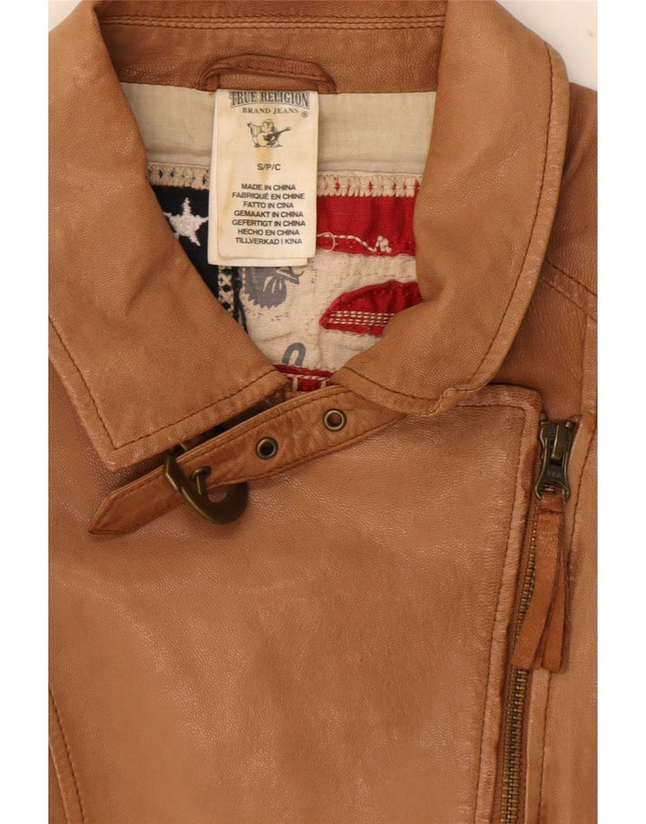 True Religion Jachetă motociclist din piele pentru femei UK 10 Mic Bej Colorblock