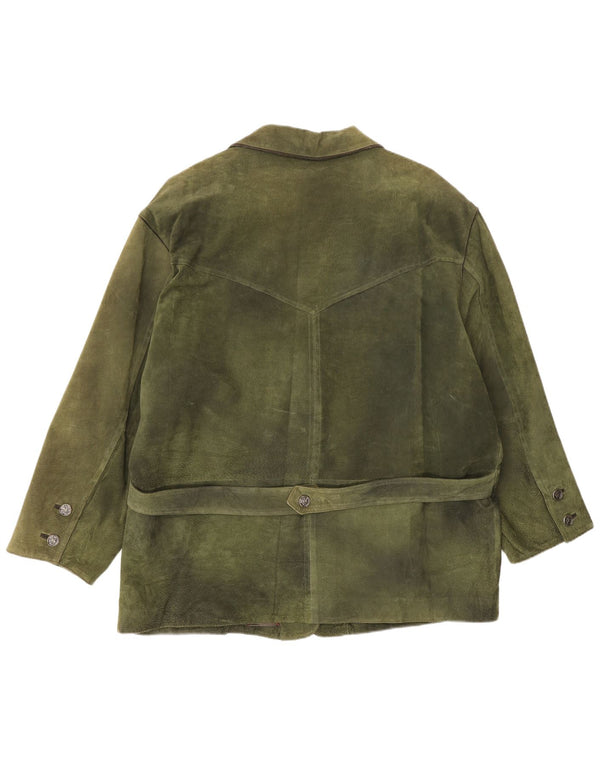 Blazer Vintage pentru femei cu 3 nasturi din piele intoarsa EU 50 3XL din piele verde