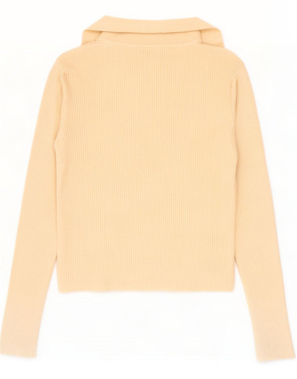 Qed London Womens Crop Long Sleeve Polo Shirt UK 10 Small Beige Viscose