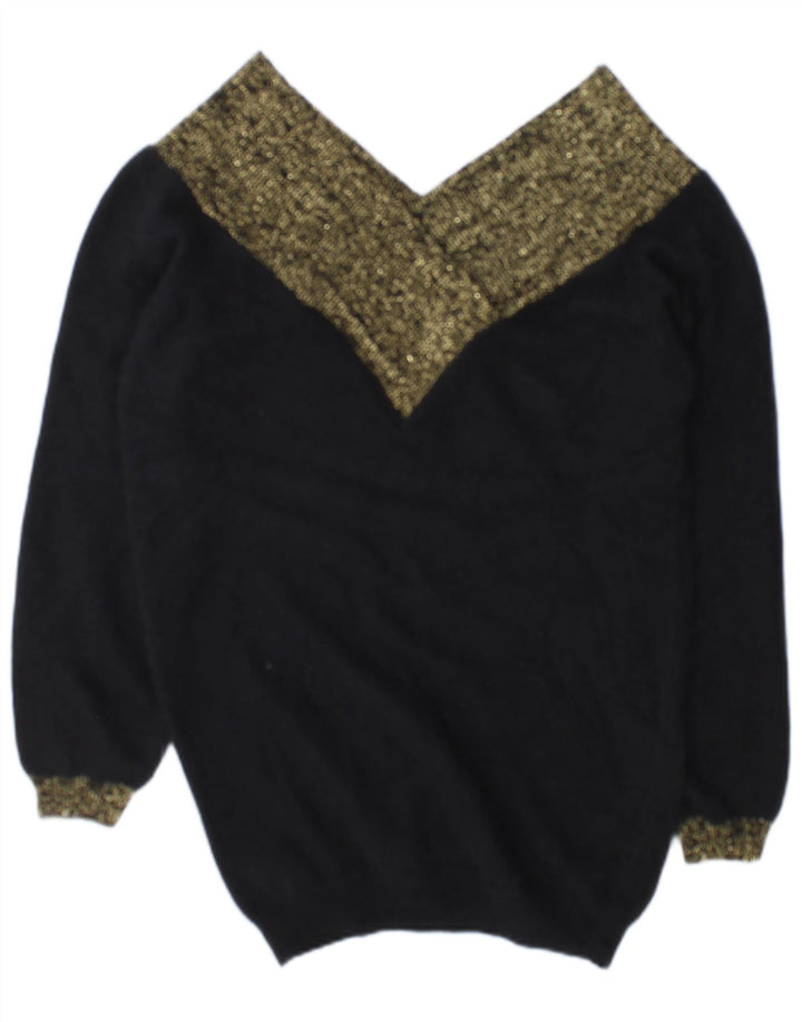 Pulover vintage pentru femei cu decolteu în V EU 38/40 Medium Black Colorblock