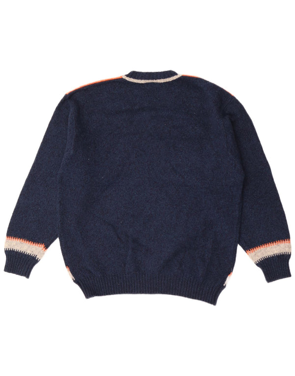 Pulover vintage pentru bărbați cu gât roșu, mare, lână colorblock, albastru