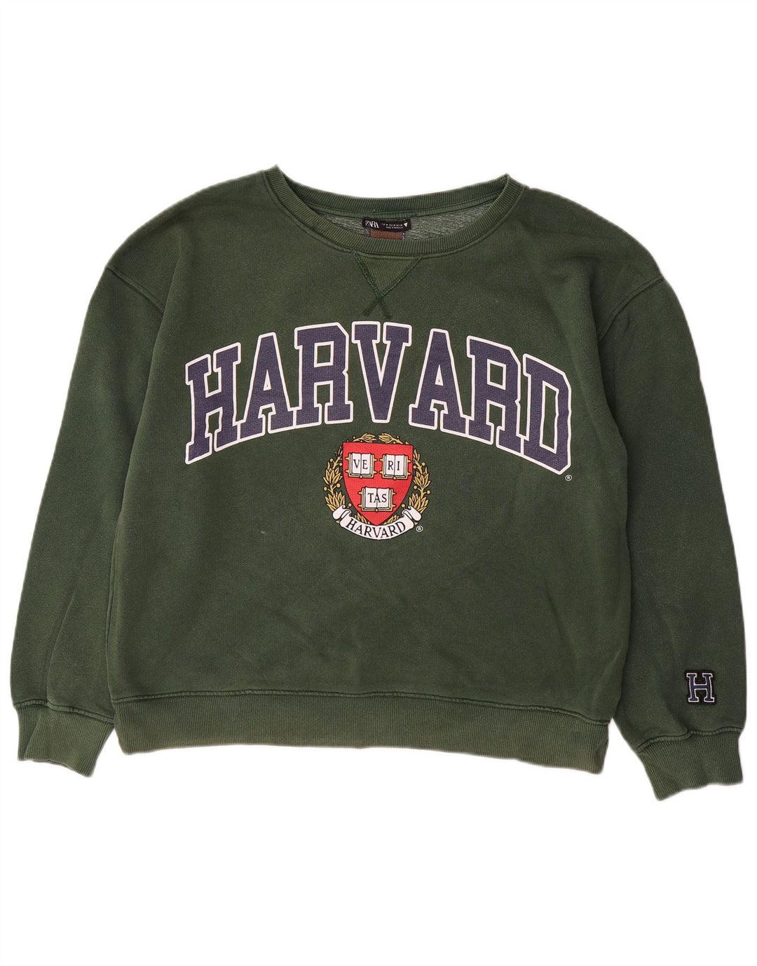 Pulover pentru femei Harvard oversized grafic ZARA UK 14 verde mediu