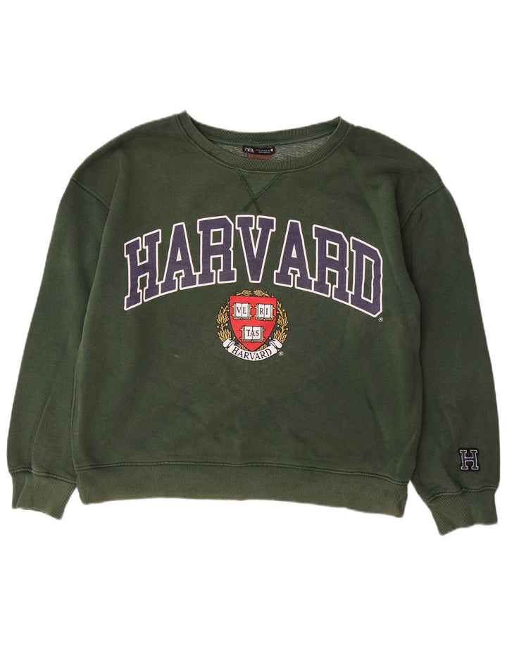 Pulover pentru femei Harvard oversized grafic ZARA UK 14 verde mediu