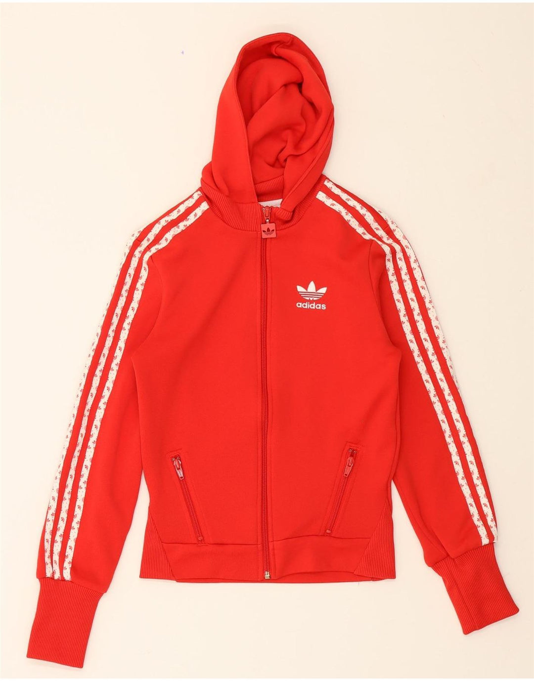 ADIDAS Womens Graphic Zip Hoodie Sweater IT 34 2XS Red Polyester Vintage Adidas and Second-Hand Adidas from Messina Hembry 