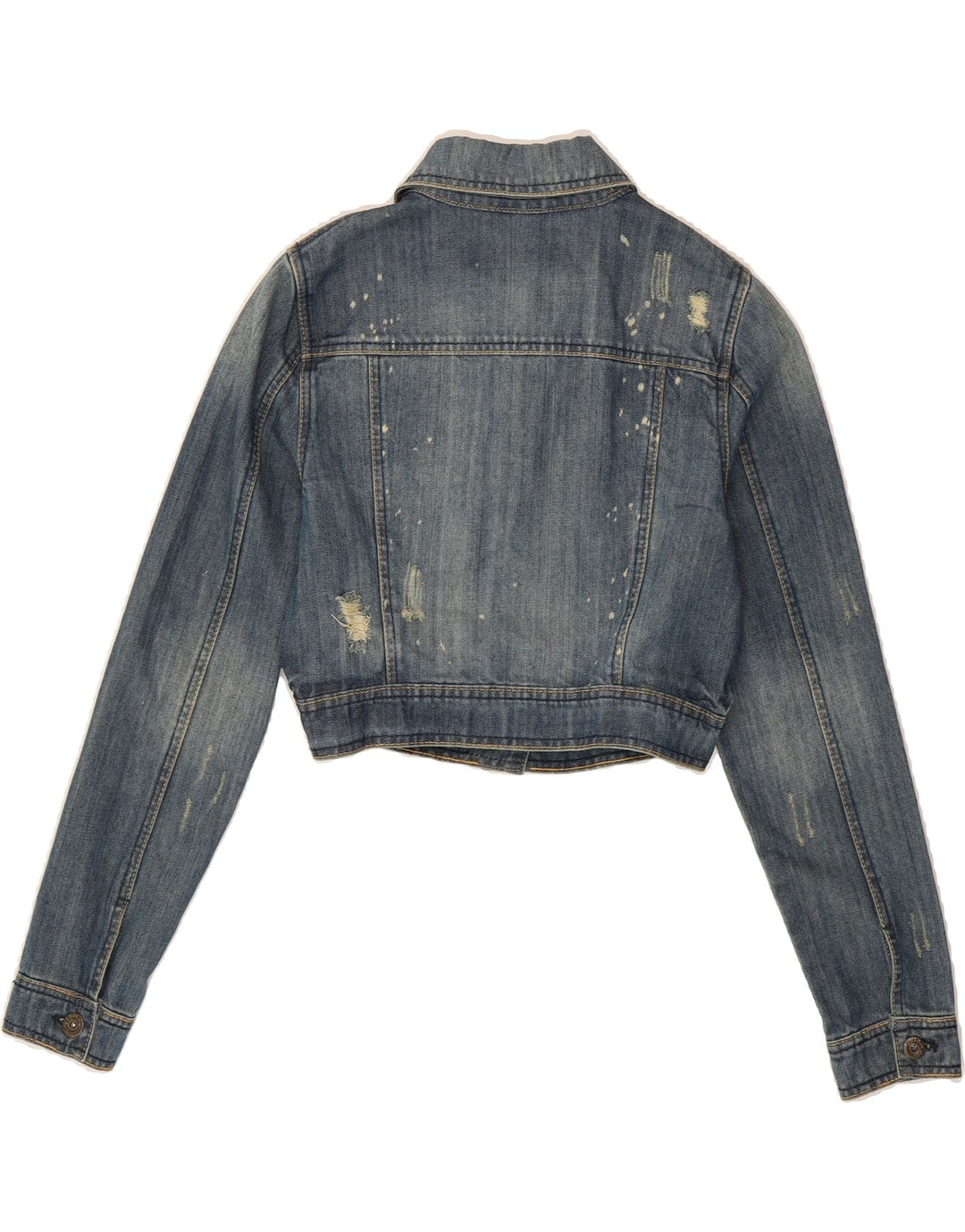 AUTHENTIC Womens Crop Distressed Denim Jacket UK 14 Medium Navy Blue Vintage Authentic and Second-Hand Authentic from Messina Hembry 