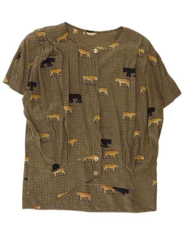 Bluză vintage cămașă cu mânecă scurtă pentru femei IT 48 XL Kaki Animal Print