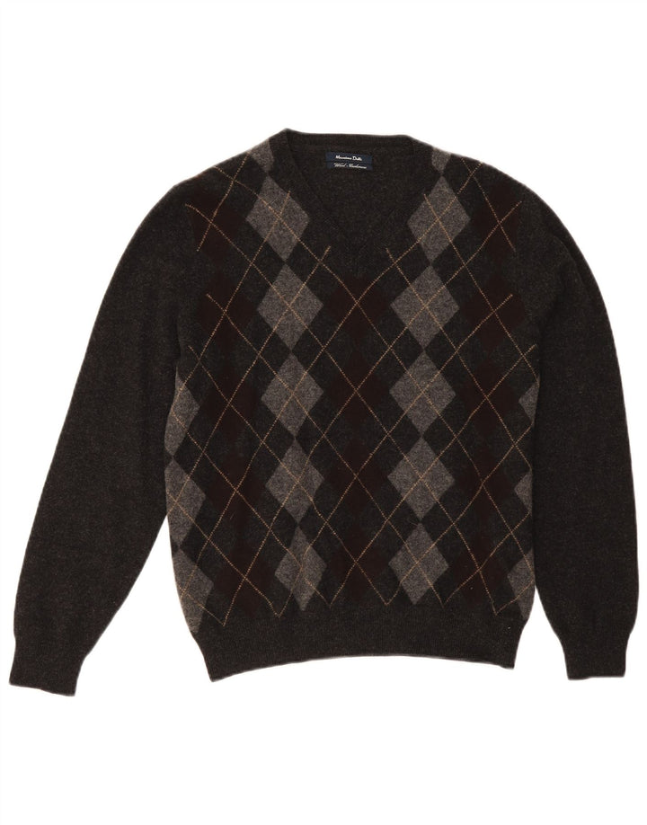 Pulover cu decolteu în V Massimo Dutti pentru bărbați, gri mediu, lână Argyle/Diamond