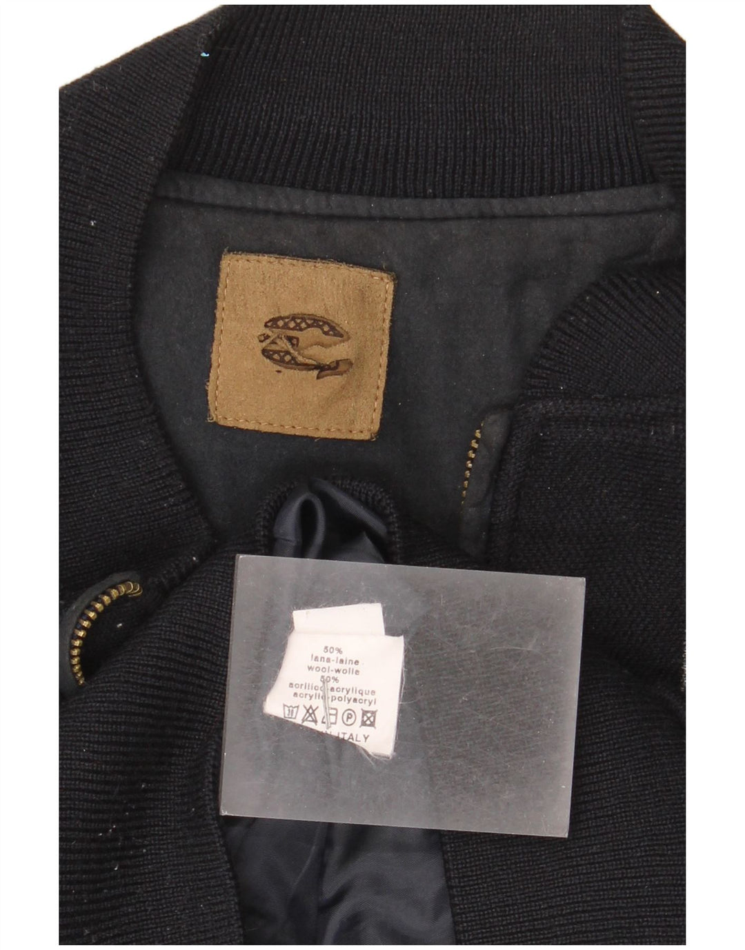 Jachetă Bomber Vintage pentru bărbați din tricot IT 56 2XL Lână neagră color bloc