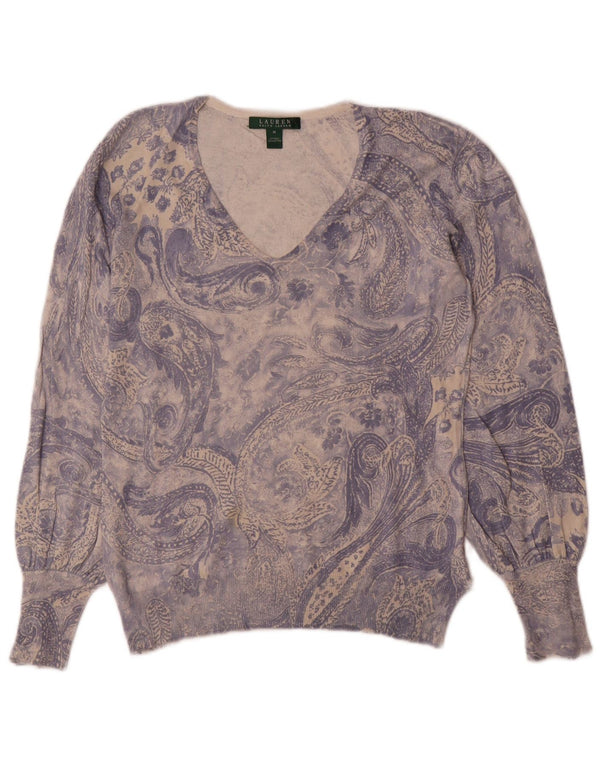 Pulover pentru femei Ralph Lauren cu decolteu în V UK 12 Medium Blue Paisley Silk
