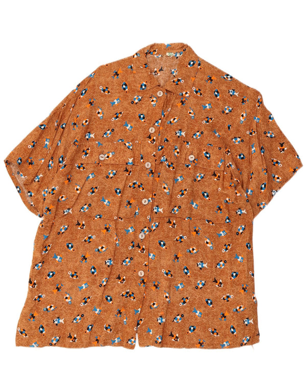 Bluză de cămașă vintage supradimensionată pentru femei cu model abstract UK 10 mic maro