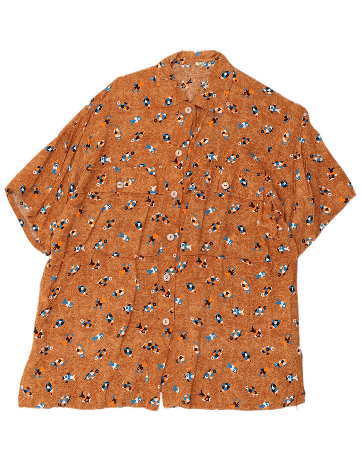 Bluză de cămașă vintage supradimensionată pentru femei cu model abstract UK 10 mic maro