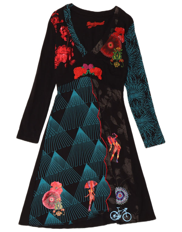 DESIGUAL Rochie A-Line cu mânecă lungă pentru femei UK 18 XL Negru Floral