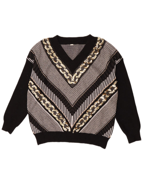 Pulover vintage pentru femei cu decolteu în V UK 14 Poliester cu dungi negre mari