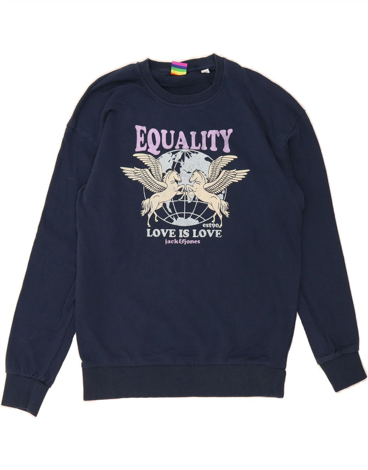 JACK & JONES Mens Graphic Sweatshirt Jumper Large Navy Blue Cotton Vintage Jack & Jones and Second-Hand Jack & Jones from Messina Hembry 