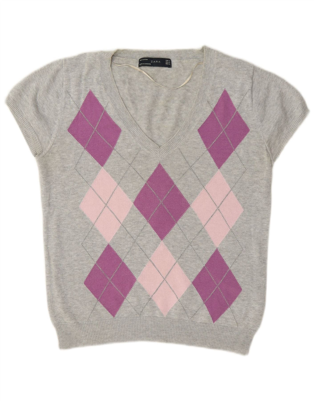 Pulover cu decolteu în V Zara pentru femei UK 12 Gri mediu Argyle/Diamant