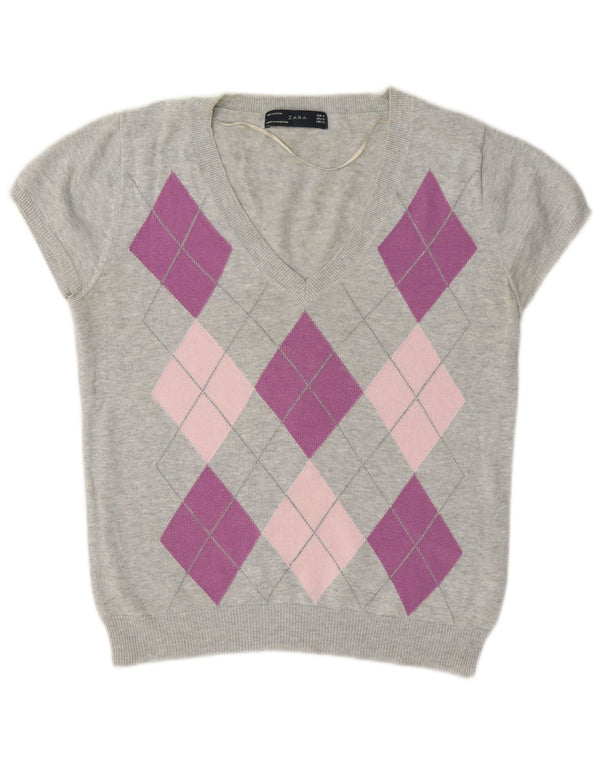Pulover cu decolteu în V Zara pentru femei UK 12 Gri mediu Argyle/Diamant