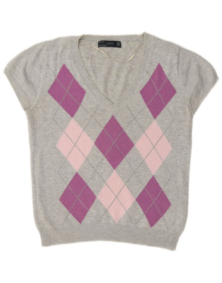 Pulover cu decolteu în V Zara pentru femei UK 12 Gri mediu Argyle/Diamant
