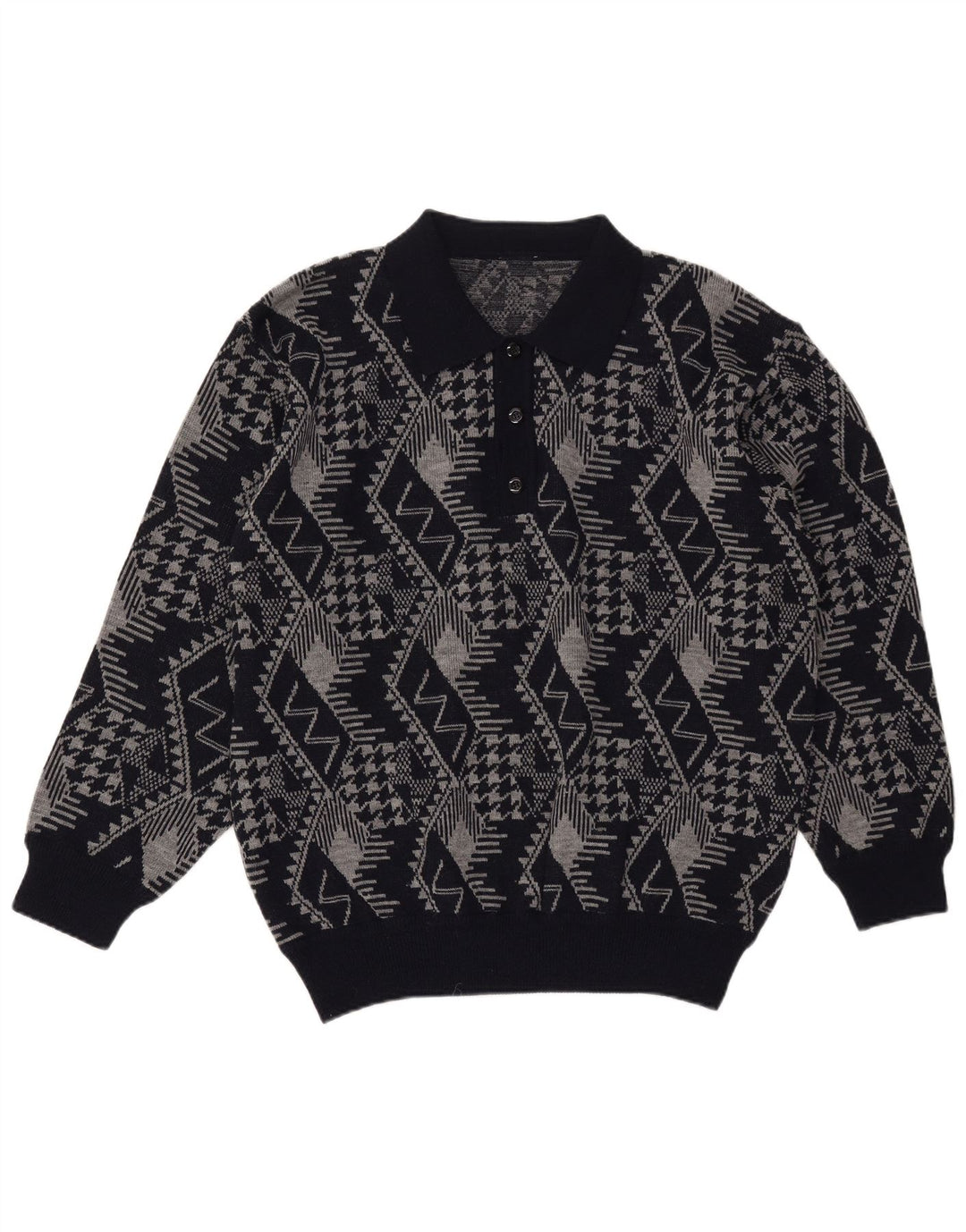 Pulover vintage pentru bărbați cu gât polo XL bleumarin geometric