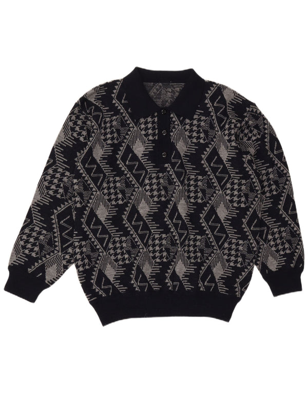 Pulover vintage pentru bărbați cu gât polo XL bleumarin geometric