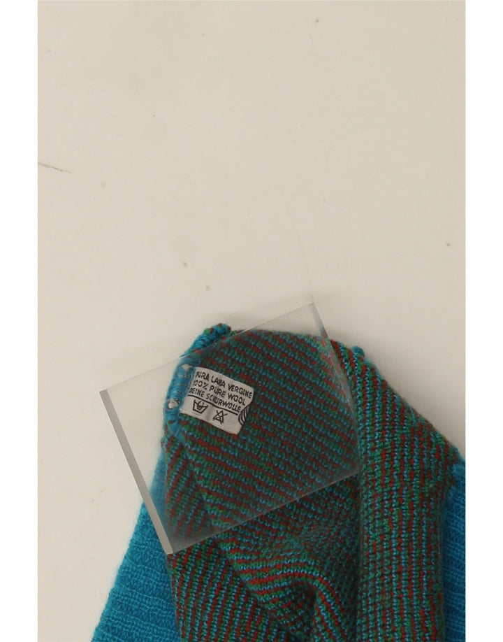 Pulover vintage pentru bărbați cu decolteu în V, mare, lână geometrică, albastră