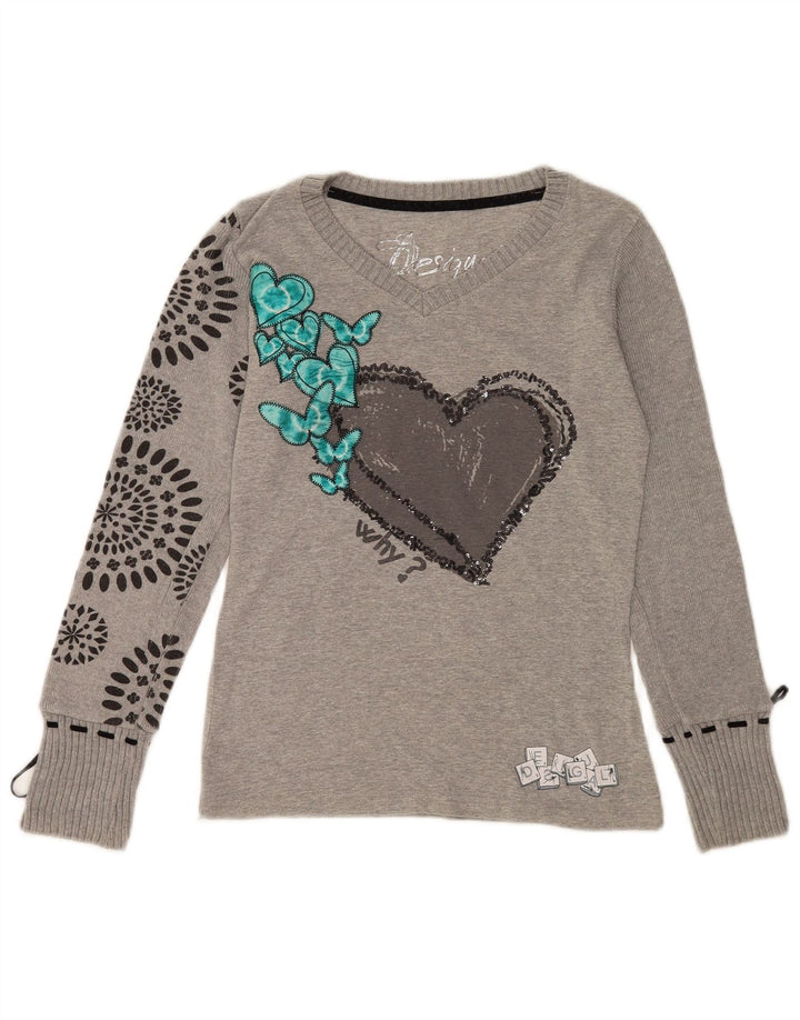 Top grafic pentru femei Desigual cu mânecă lungă UK 14 Medium Grey Heart
