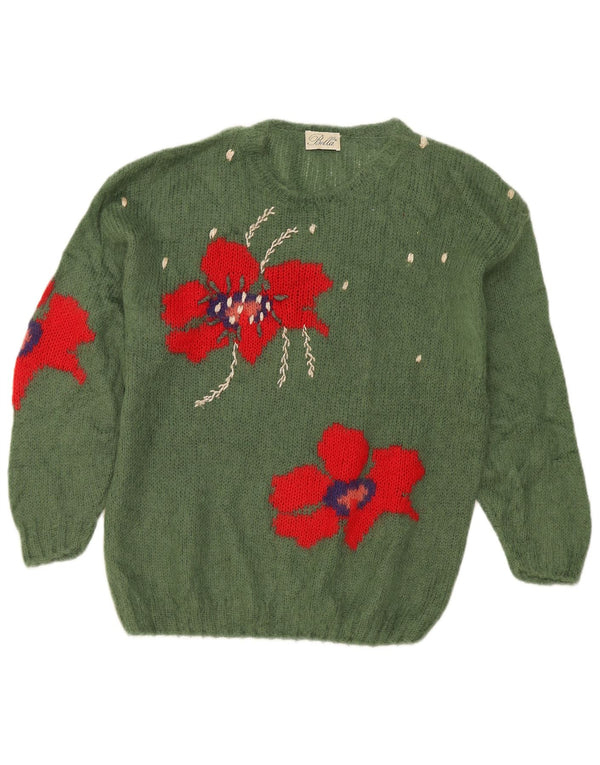 Pulover vintage pentru femei, cu grafică, cu gât de barcă, UK 20 2XL, verde, floral