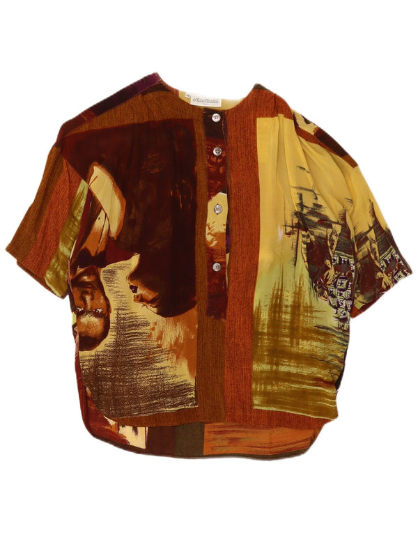 Bluză cu grafică vintage pentru femei, top IT 46, mare, maro, bloc de culoare