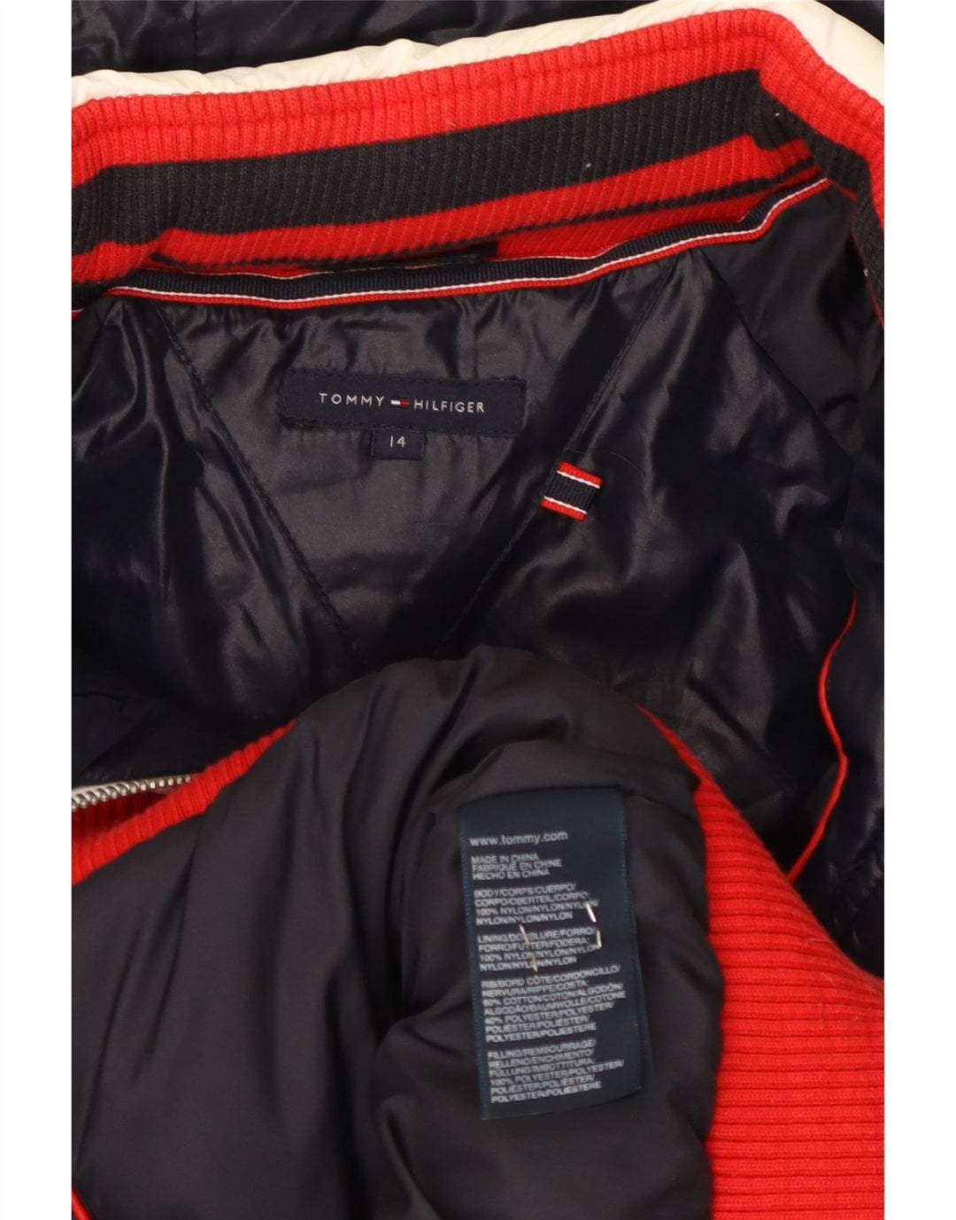 Jachetă căptușită cu grafică Tommy Hilfiger pentru băieți 13-14 ani, alb, color block