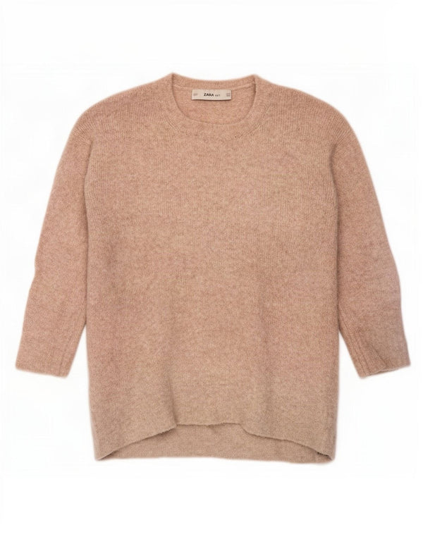 Pulover pentru femeie Zara, cu mâneci 3/4, cu gât crew, Bej mediu UK 14