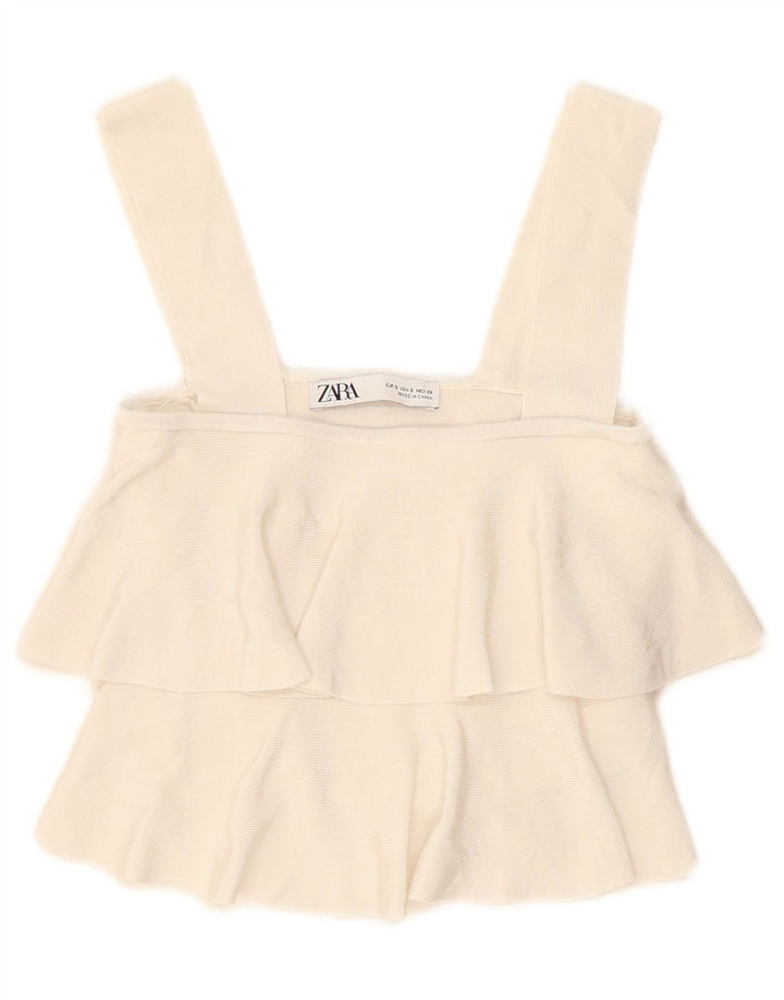 Top pentru femeie Zara Crop Volane în față UK 8 Small din viscoză alb