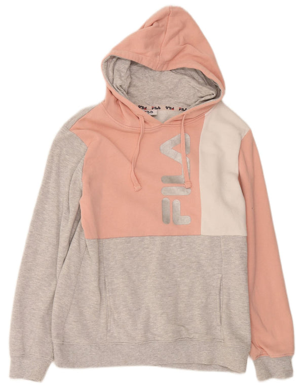 Pulover Fila pentru damă cu hanoră cu grafică UK 14, bumbac color bloc, gri mediu