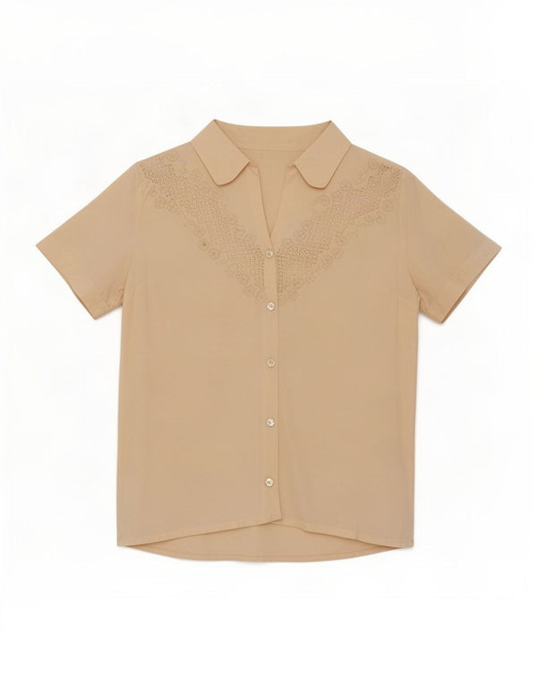 Bluză vintage cămașă cu mânecă scurtă pentru femei UK 12 Medium Off White Floral