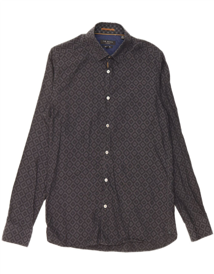 TED BAKER Mens Modern Fit Shirt Size 15 1/2 Medium Black Geometric Cotton