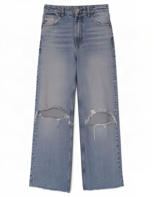 Zara Womens Distressed High Rise Wide Leg Jeans EU 34 2XS W24 L28 Blue